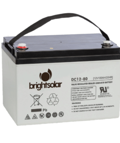 BrightSolar DC12-160Ah huoltovapaa AGM akku harmaalla kotelolla, mustalla kannella ja kantohihnoilla sivusta kuvattuna