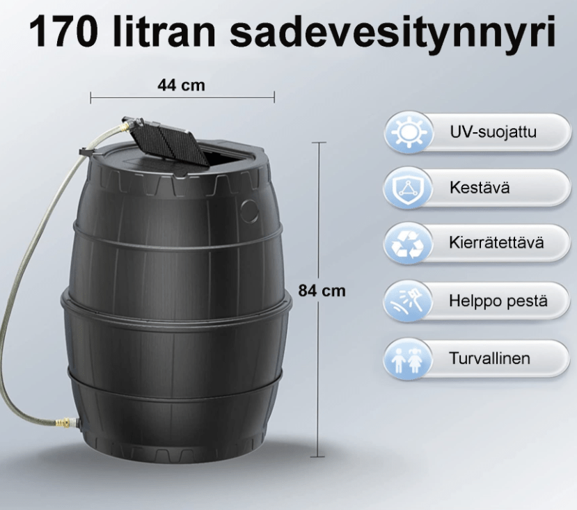 Green Land 170 L sadevesitynnyri – Koottava vesikeräysastia lehtiritilällä ja tyhjennysletkulla - Image 2
