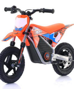 Etuviistosta kuvattu oranssimusta lasten Apollo Orion MX-E250 -sähköcrossipyörä, jossa on karkeakuvioiset maastorenkaat, takalevujarru ja jousitus.
