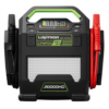 Lokithor J10000HD 12/24V LiFePO4 apukäynnistin mustalla muovikotelolla, digitaalisella näytöllä, vihreillä yksityiskohdilla, kirkkaalla LED-valopaneelilla sekä punaisilla ja mustilla käynnistyskaapeleilla varustettuna