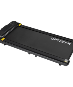 Taitettava musta OptiGym Walkpad 2.0 kävelymatto valkoisella taustalla