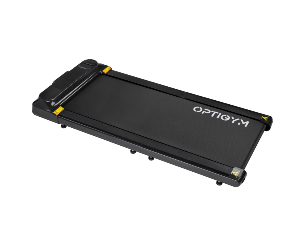 Taitettava musta OptiGym Walkpad 2.0 kävelymatto valkoisella taustalla