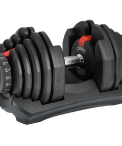 Musta säädettävä OptiGym käsipaino säilytystelineessään valkoisella taustalla