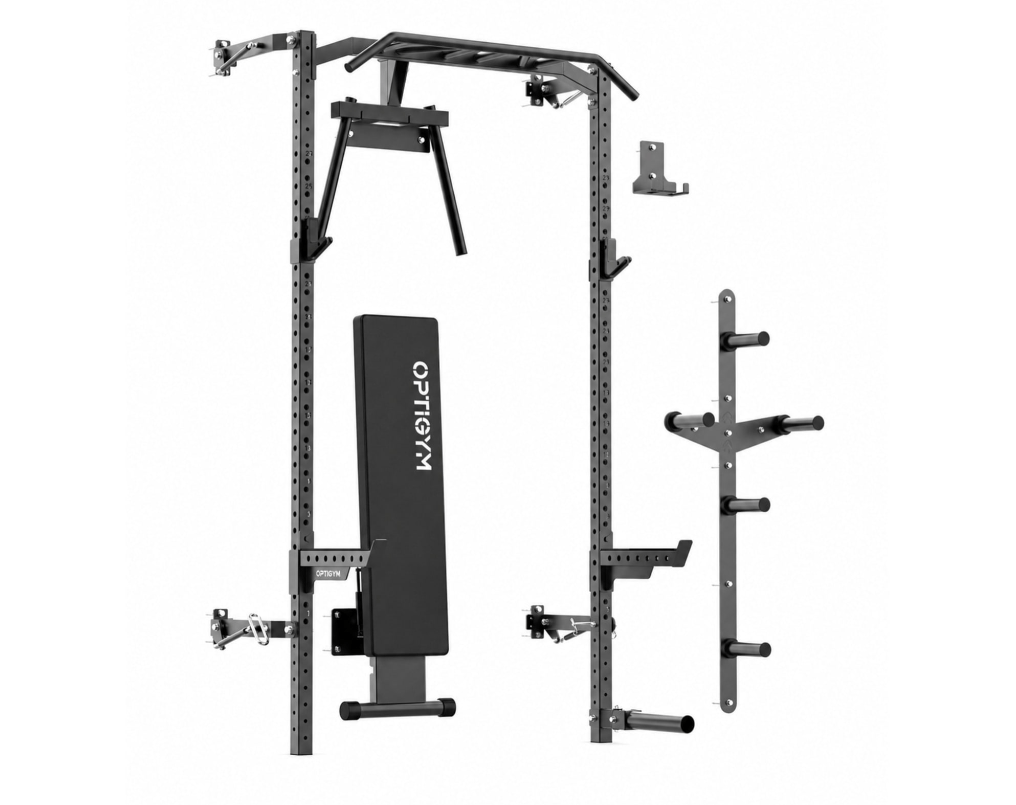 OptiGym seinään kiinnitettävä half rack -kotikuntosalijärjestelmä – Taittuva monitoimiteline & penkki, max 500 kg - Image 2