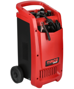 Timco 12/24V 480A punamusta apukäynnistin/akkuvaraaja pyörillä, johdoilla ja kiinnitysleuoilla varustettuna sivusta kuvattuna
