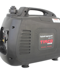 Tummanharmaa Timco 2000i Dual Fuel digitaali aggregaatti, salkkumalli, kantokahvalla valkoisella taustalla