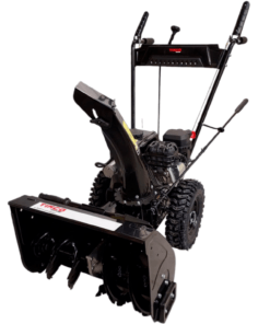 Musta Timco 6,5 hp pyörävetoinen lumilinko käsikäynnistyksellä ja karkeakuvioisilla renkailla