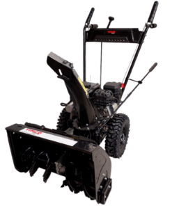 Musta Timco 6,5 hp pyörävetoinen lumilinko sähköstartilla, LED-paneelilla ja karkeakuvioisilla renkailla